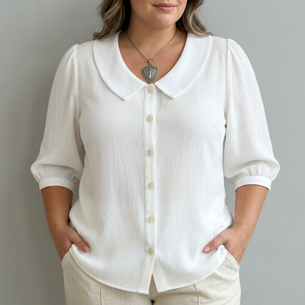 Elegant Blouse for Women Peter-Pan-Collar Puff-Sleeve Solid