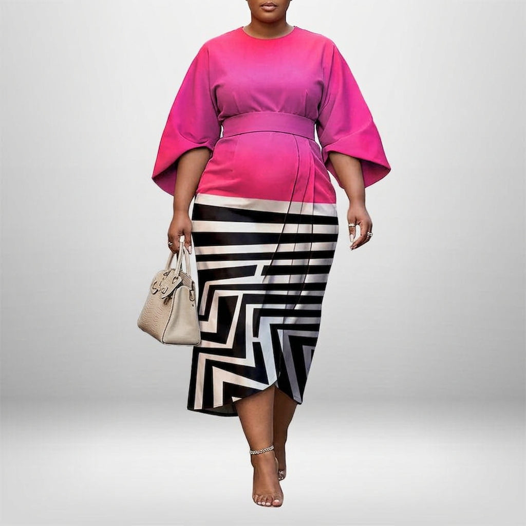 Stylish Midi Dress for Women Belted Colorblock Chevron-Print