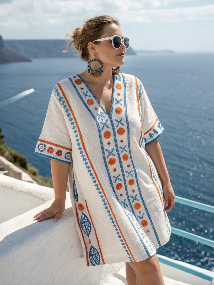 Effortless Mini Dress for Women V-Neck Embroidered Short-Sleeve — Cream