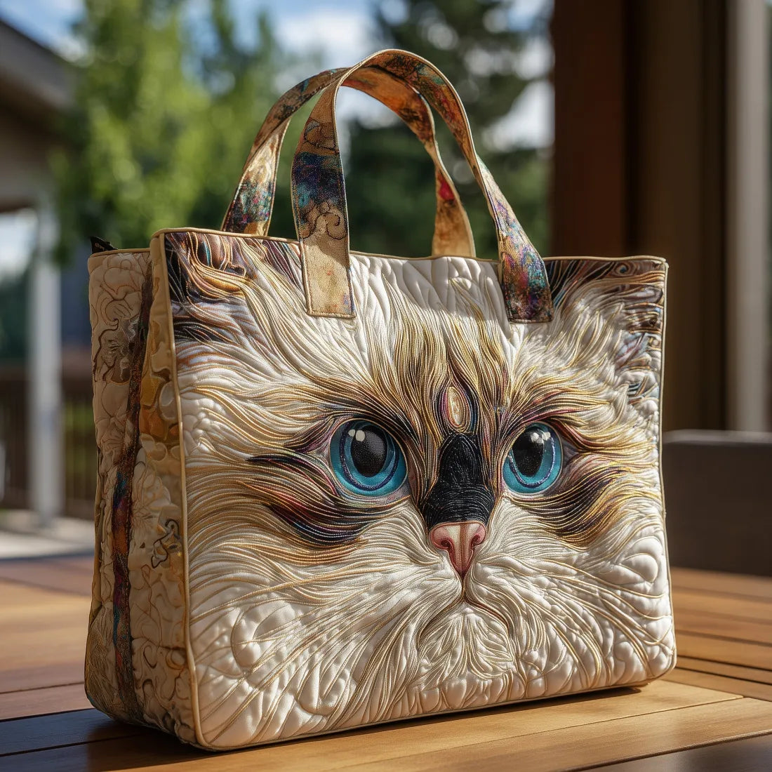 Stylish Tote Bag for Women Cat-Print Quilted Top-Handle — Ivory