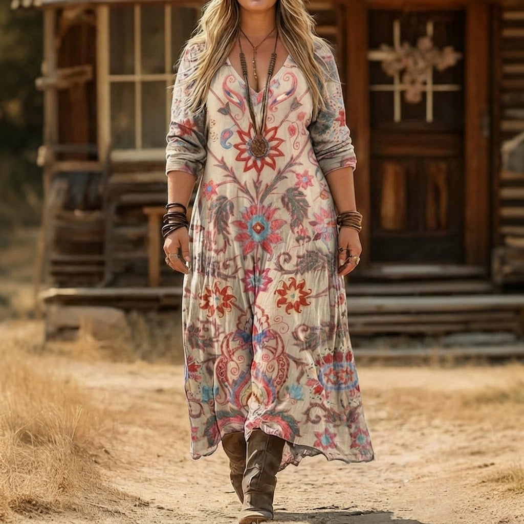 Effortless Maxi Dress for Women V-Neck Long-Sleeve Floral-Print — Cream