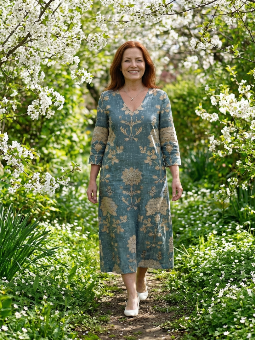 Elegant Floral Midi Dress for Women Three-Quarter Sleeve