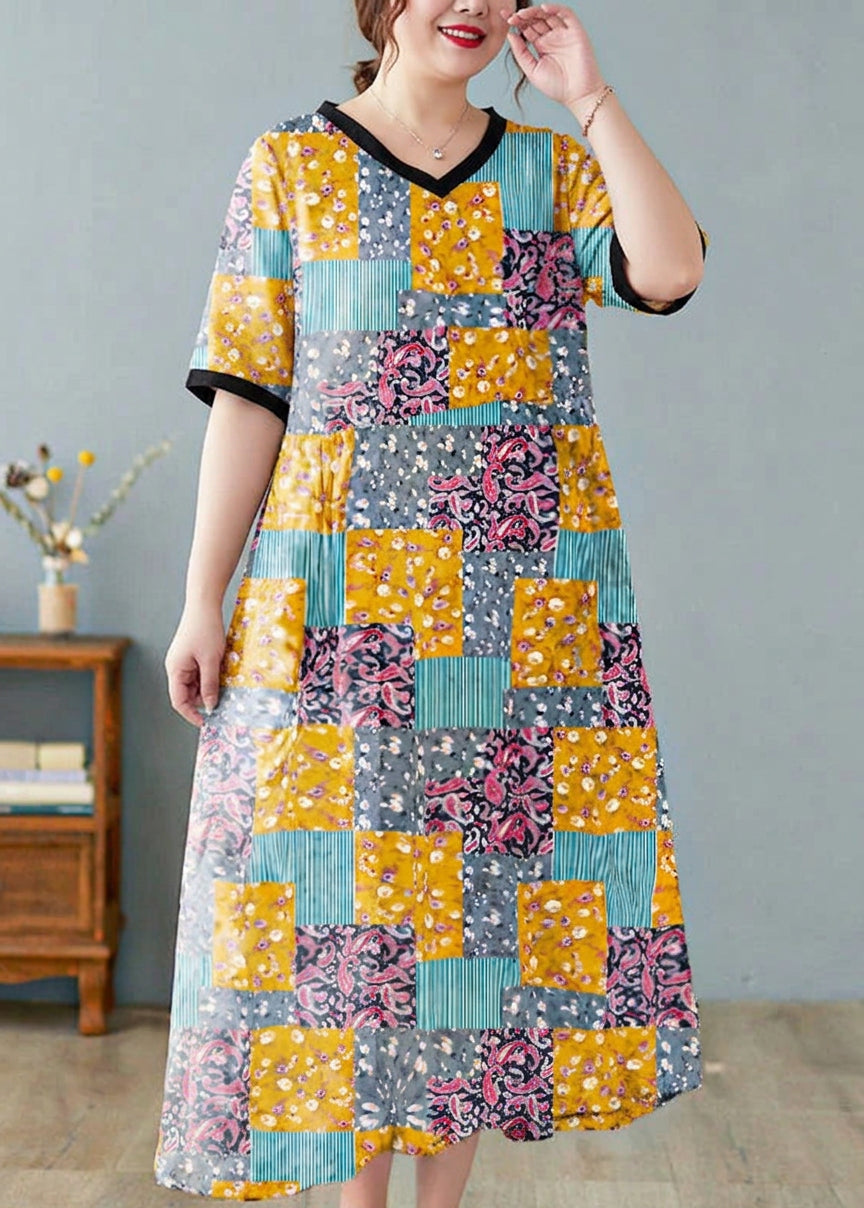 Effortless Maxi Dress for Women V-Neck Floral-Print Short-Sleeve