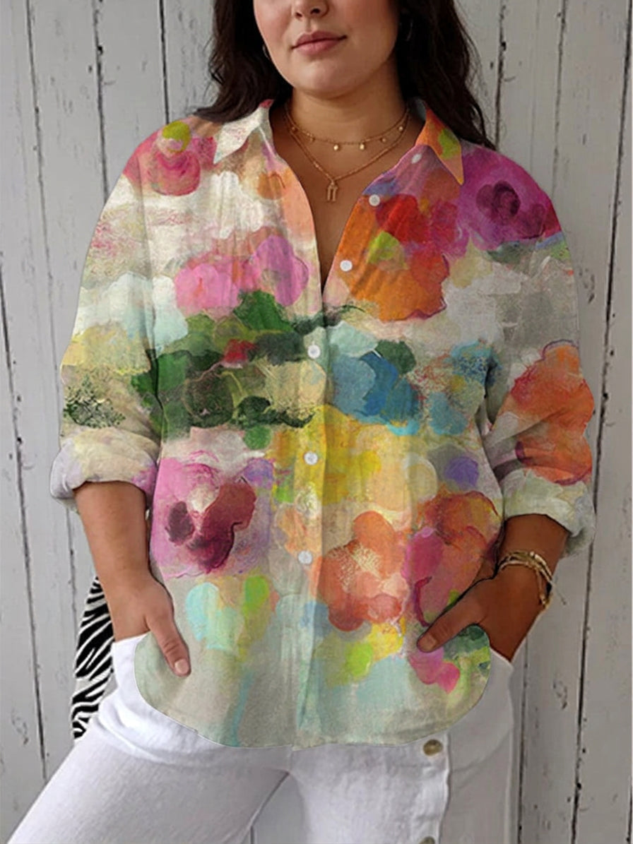 Stylish Blouse for Women Watercolor-Print Collared Long-Sleeve