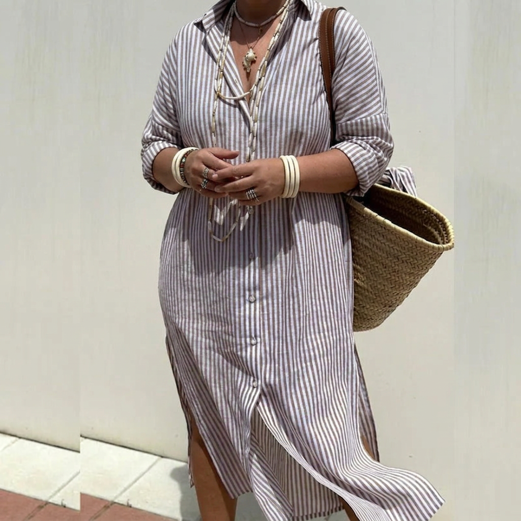 Effortless Shirt Dress for Women Striped Long-Sleeve Collared