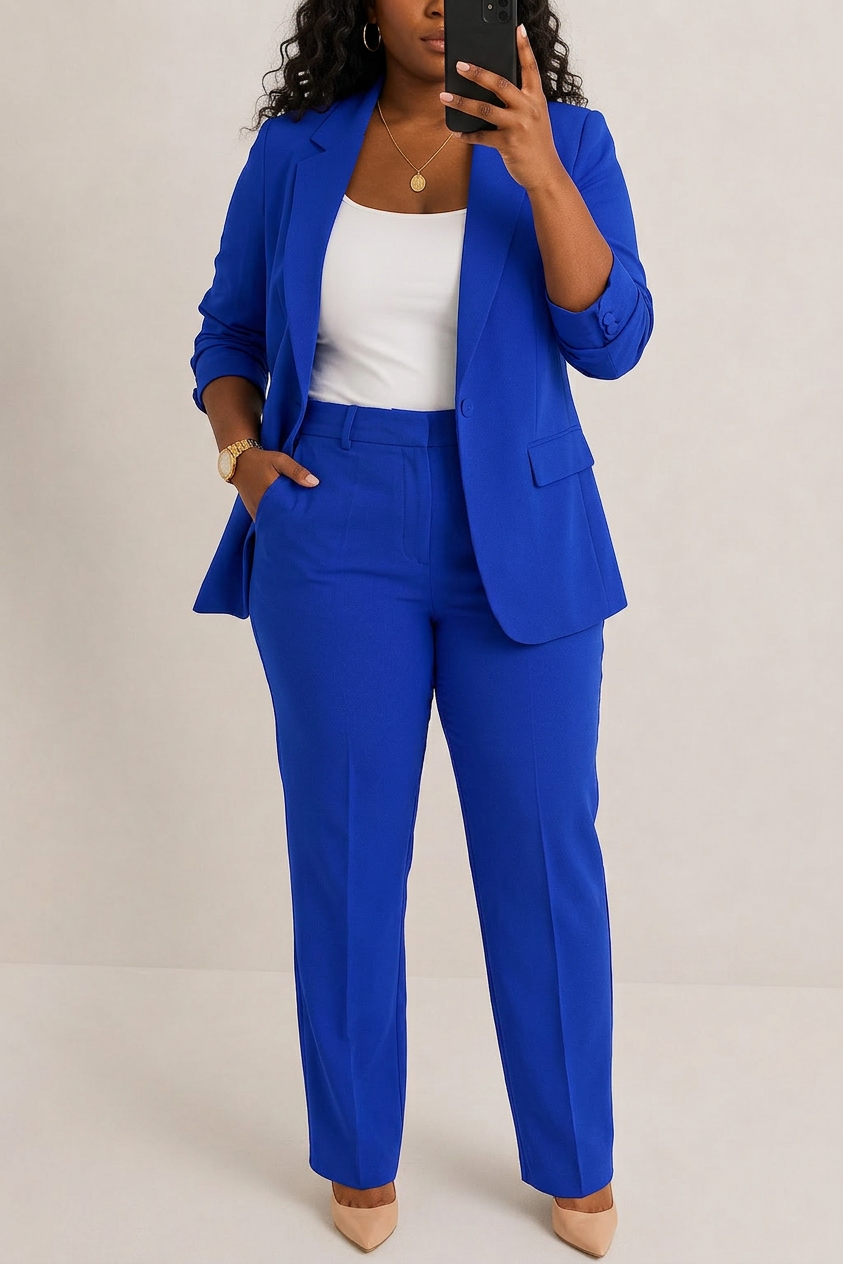 Elegant Blazer Set for Women Tailored Long-Sleeve Straight-Leg — Royal Blue