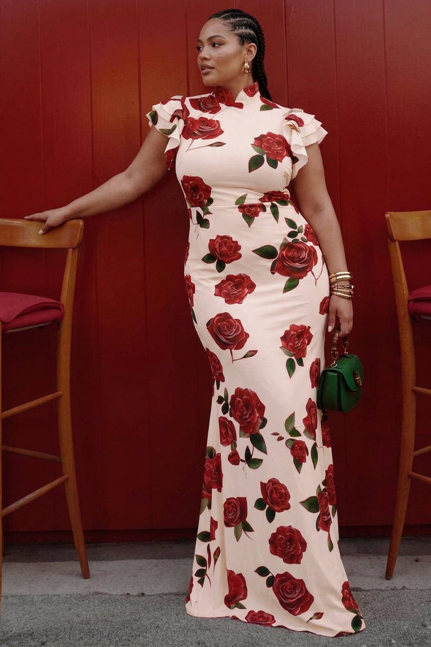 Elegant Floral Dress for Women High-Neck Ruffle-Sleeve Maxi