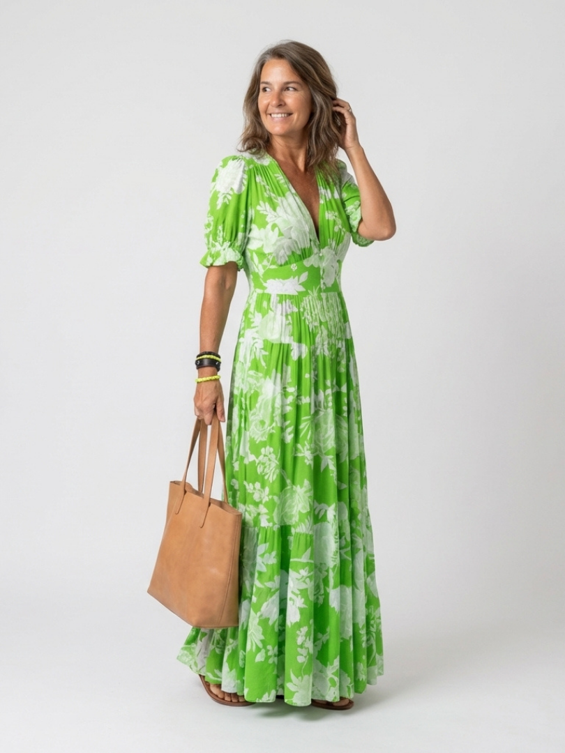 Elegant Maxi Dress for Women V-Neck Floral Puff-Sleeve