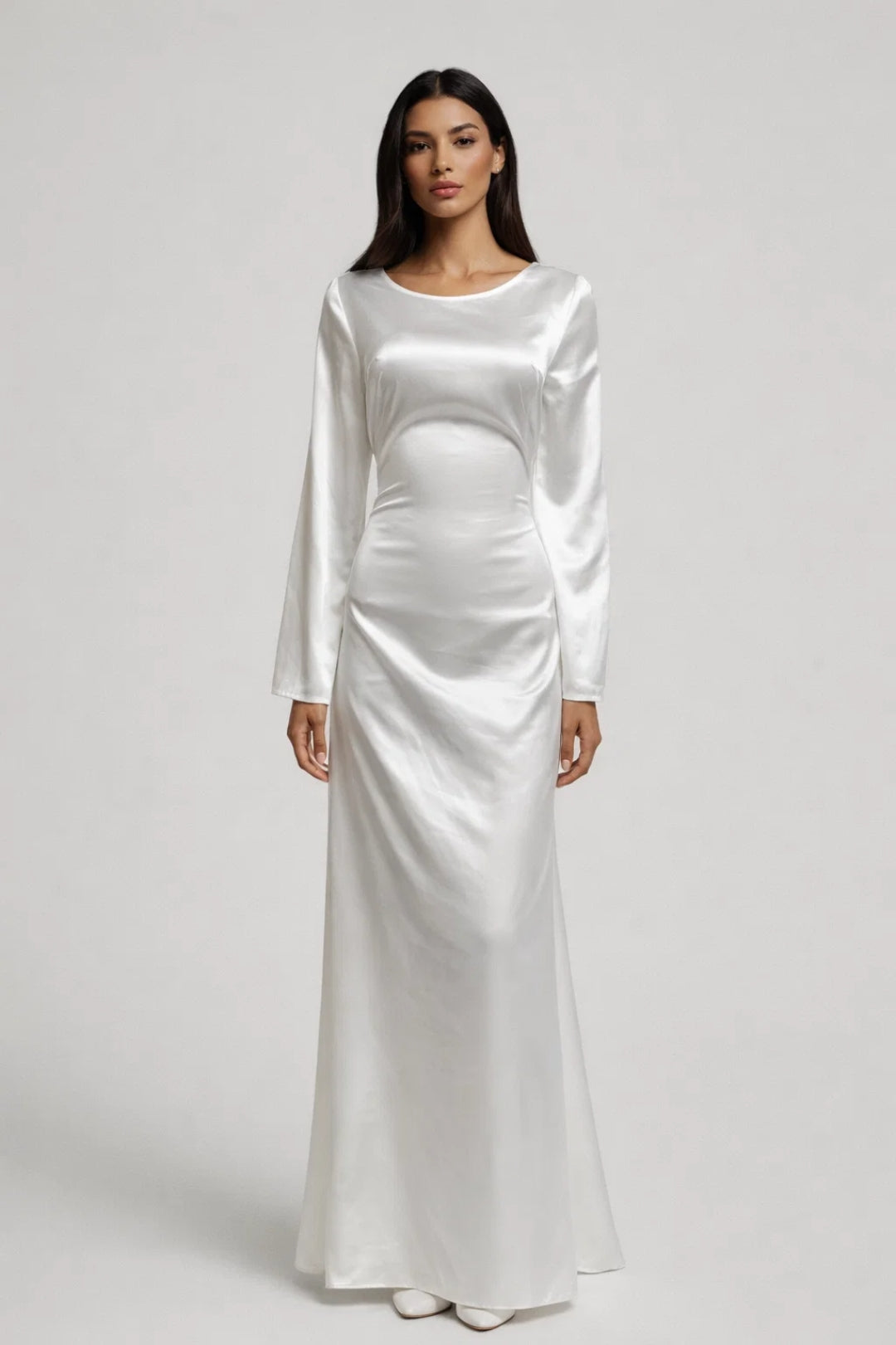 Long Sleeve Satin Maxi Dress with Round Neck