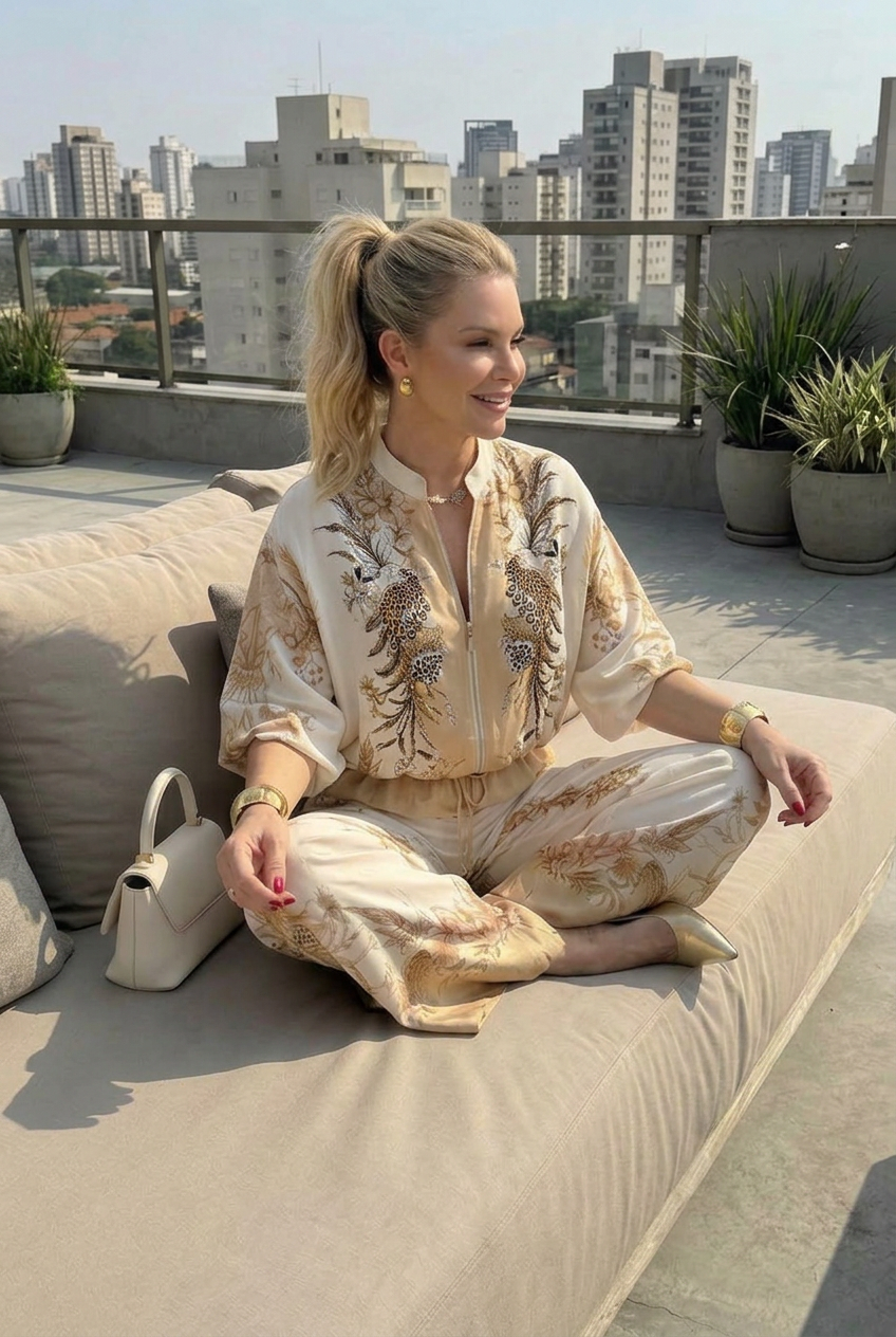 Elegant Two-Piece Set for Women Embroidered Zip-Front Wide-Leg