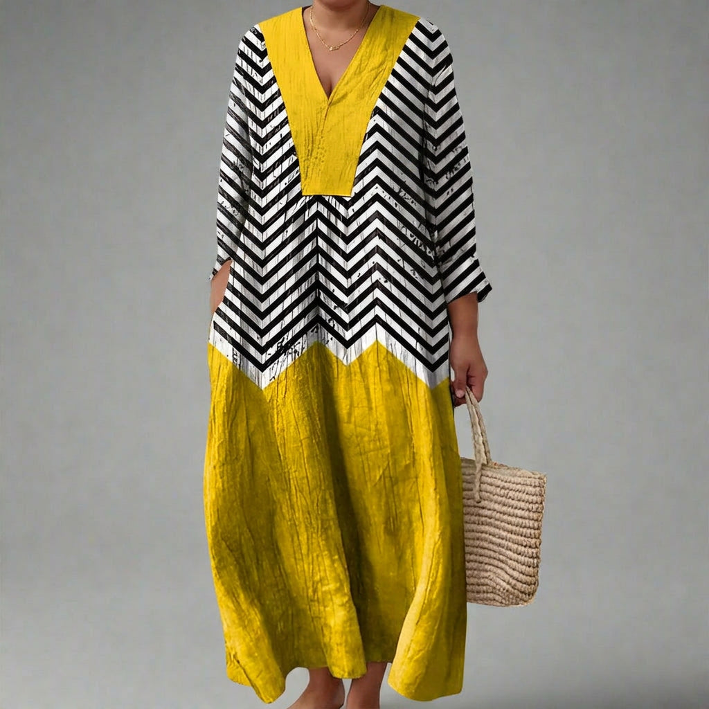 Elegant Midi Dress for Women V-Neck Long-Sleeve Chevron-Print