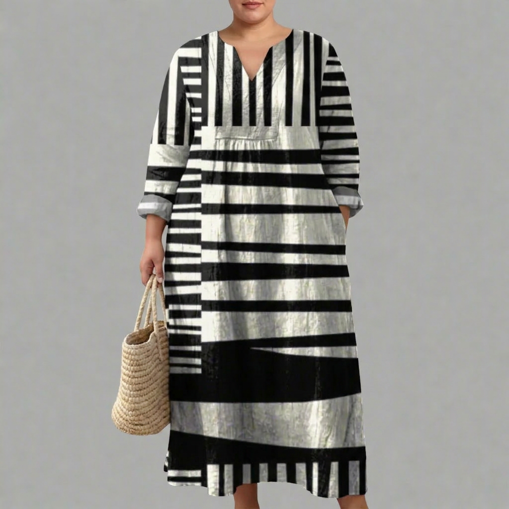 Elegant Midi Dress for Women V-Neck Long-Sleeve Striped-Patchwork — Black White