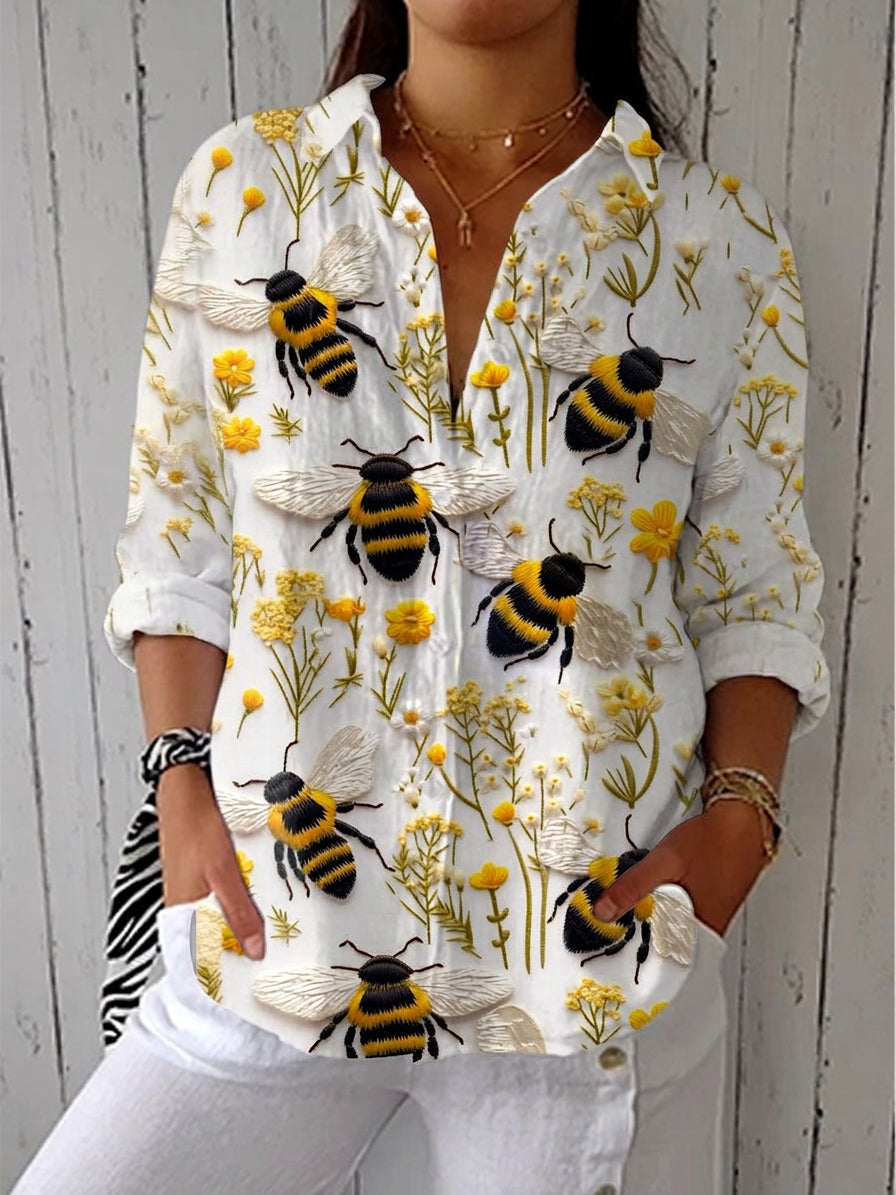 Stylish Blouse for Women Bee-Print Collared Long-Sleeve — White