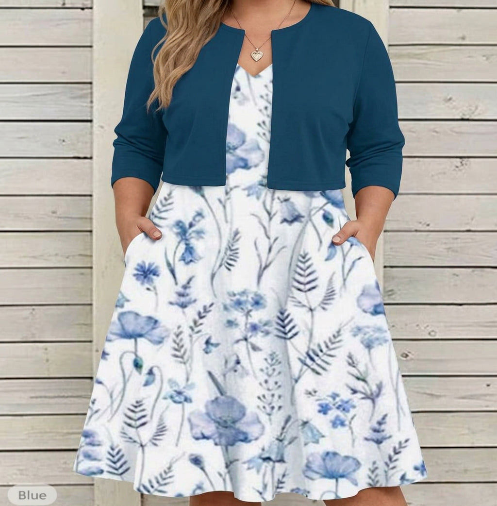 Elegant Two-Piece Set for Women Cropped Cardigan Floral-Print — Teal