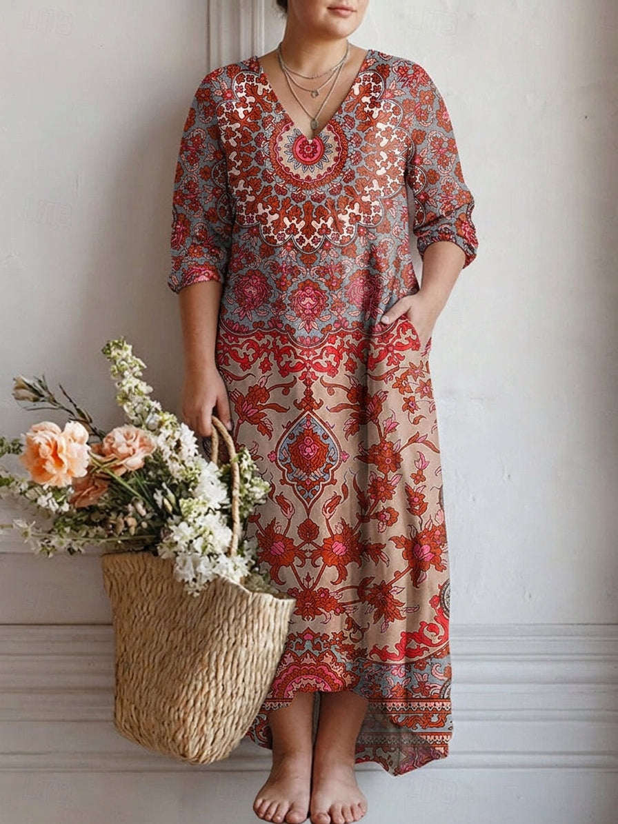 Effortless Maxi Dress for Women V-Neck Three-Quarter-Sleeve Medallion-Print — Rust Red