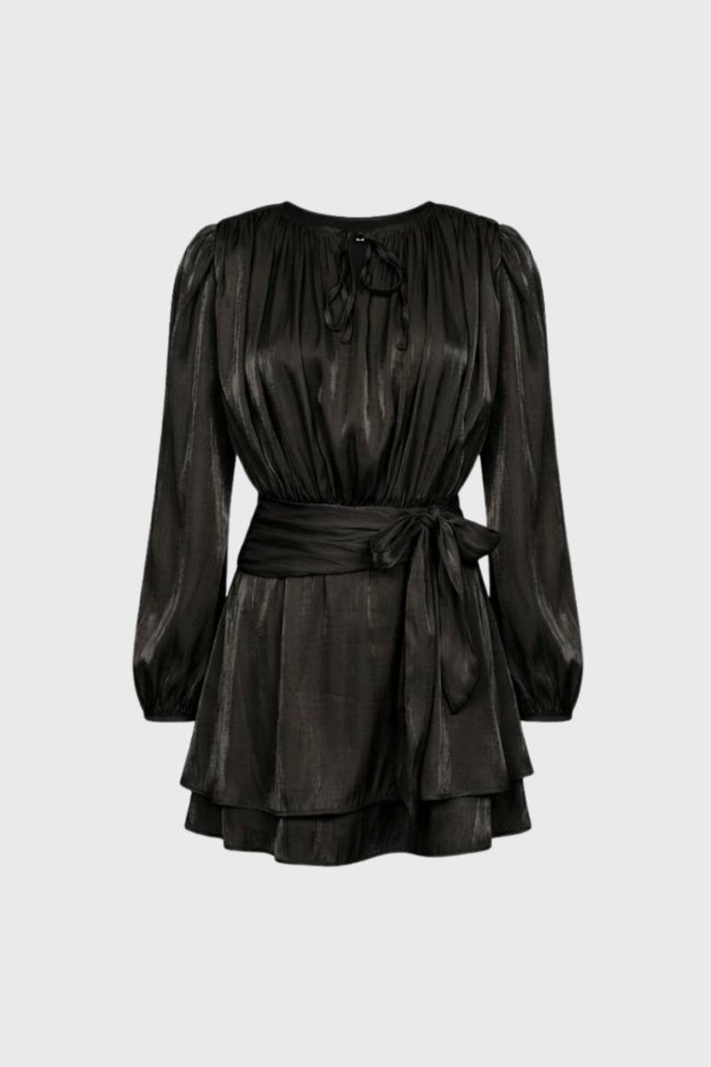 Long Sleeve Mini Dress with Bow Waist and Pleated Sleeves