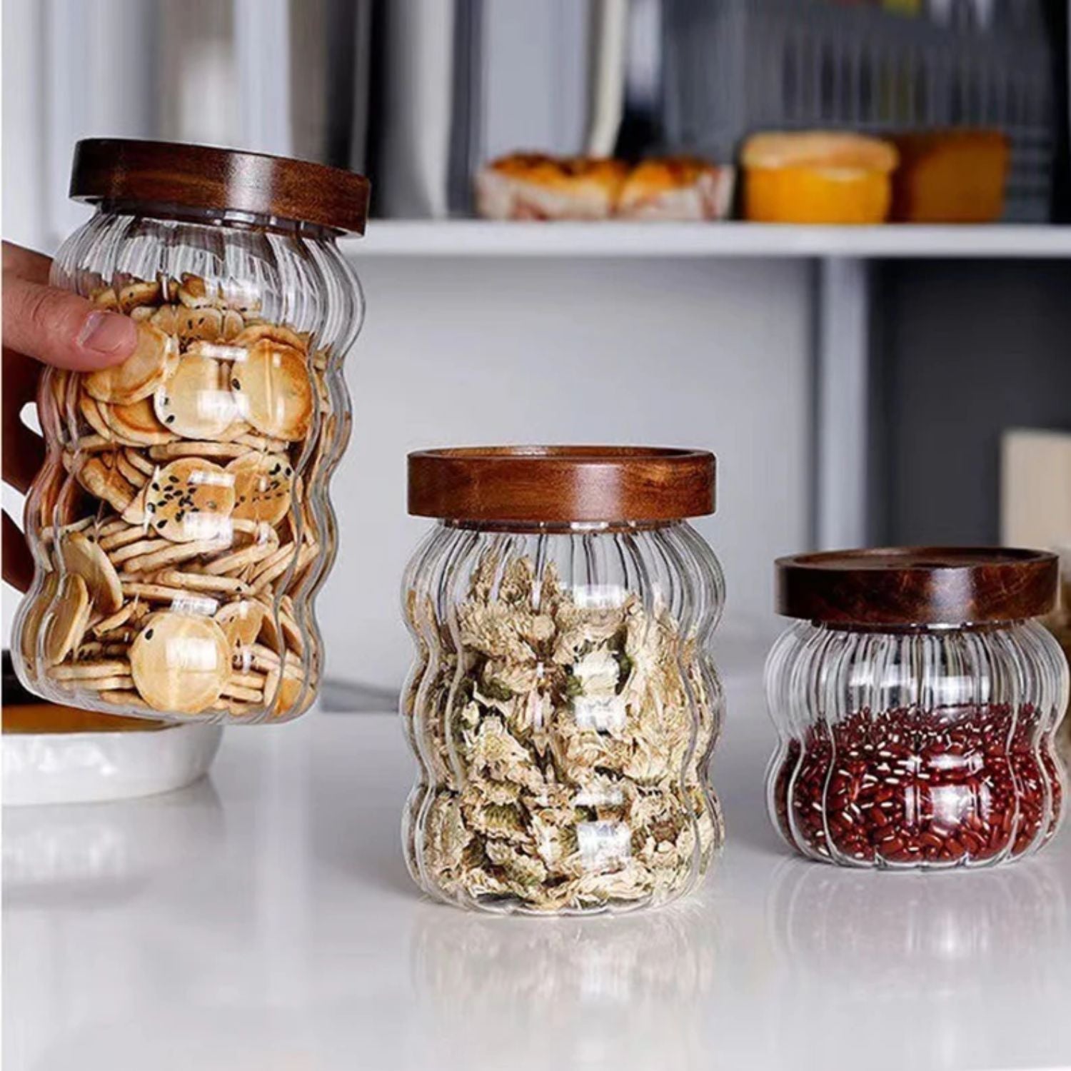 Bela Glass Jar Set | Wooden Lids, Hermetic Silicone Closure