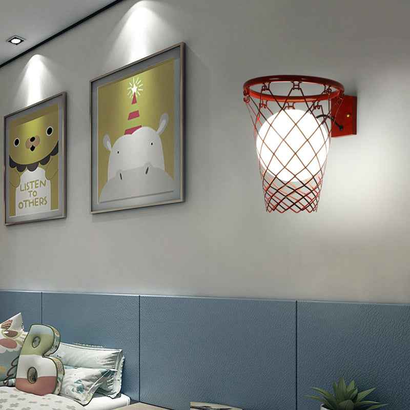 Contemporary Art Deco Kids' Iron and Glass Basketball Hoop Wall Sconce Lamp - 1-Light Design for Bedroom
