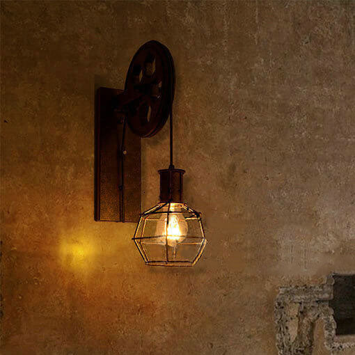 Retro Industrial Iron Wall Sconce Lamp with Single Pulley Light