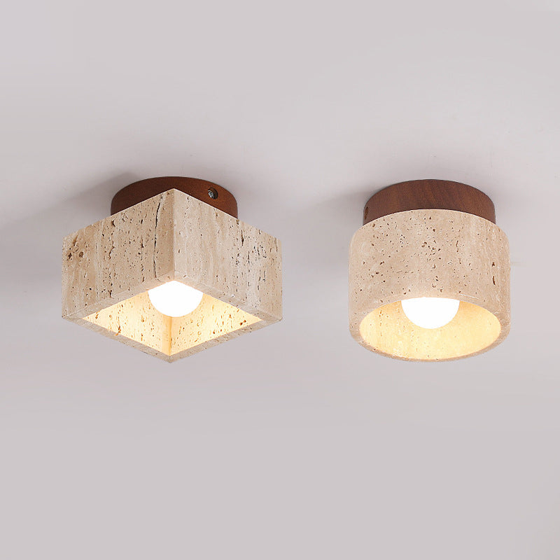 Japanese Wabi-Sabi Yellow Travertine Wood Column 1-Light Semi-Flush Ceiling Fixture