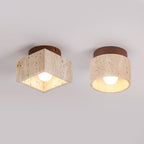 Japanese Wabi-Sabi Yellow Travertine Wood Column 1-Light Semi-Flush Ceiling Fixture