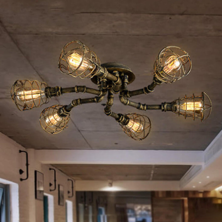 Industrial Vintage Round Iron Flush Mount Ceiling Light - Available in 4, 6, or 8 Lights