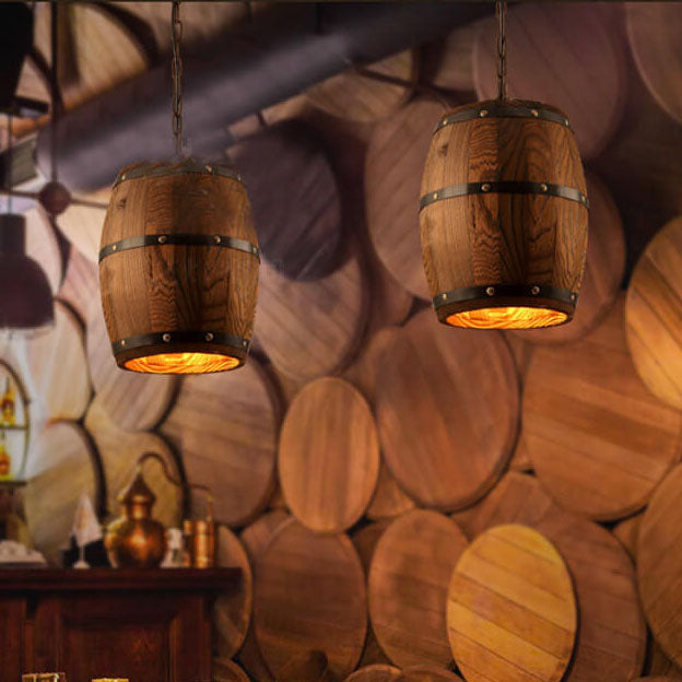 Rustic Round Wooden Wine Barrel Pendant Light - 1-Light Fixture for Dining Room