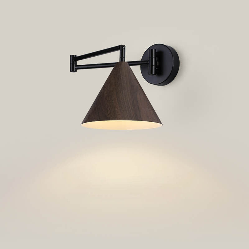 Nordic Minimalist Cone Swing Arm Wall Sconce - Wood Grain Iron, 1-Light