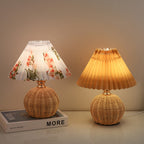 Modern Nordic Rattan Fabric Pleated Conical LED Table Lamp for Bedroom