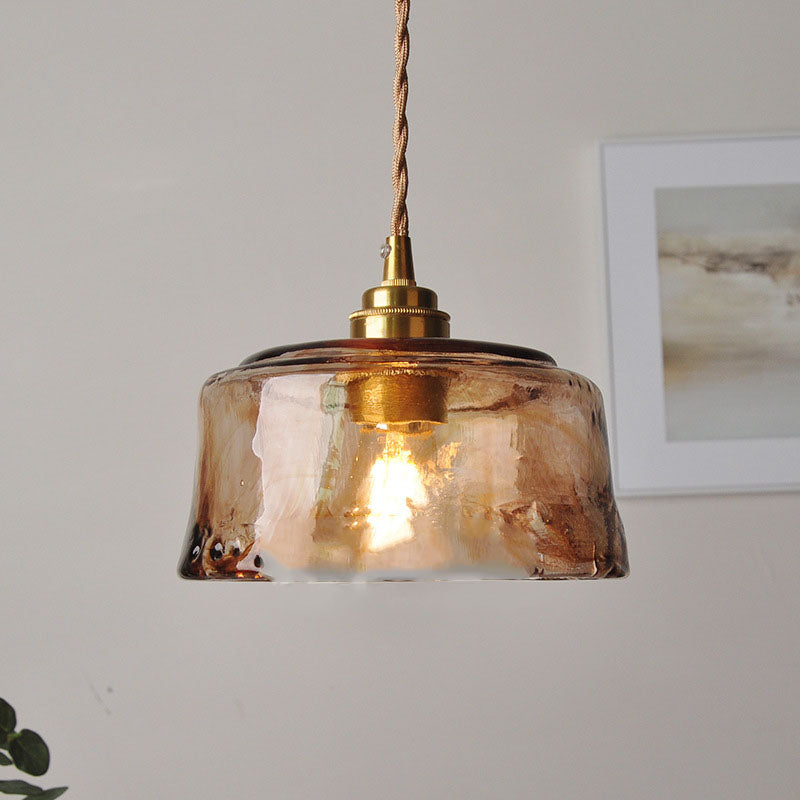 Retro Amber Glass Drum Pendant Light with Brass Accent - 1-Light