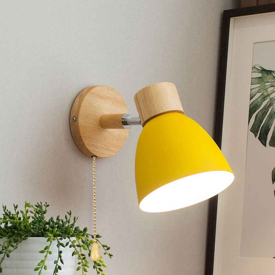 Contemporary Minimalist Solid Color Macaron Iron Wood Wall Sconce Lamp with Single Light