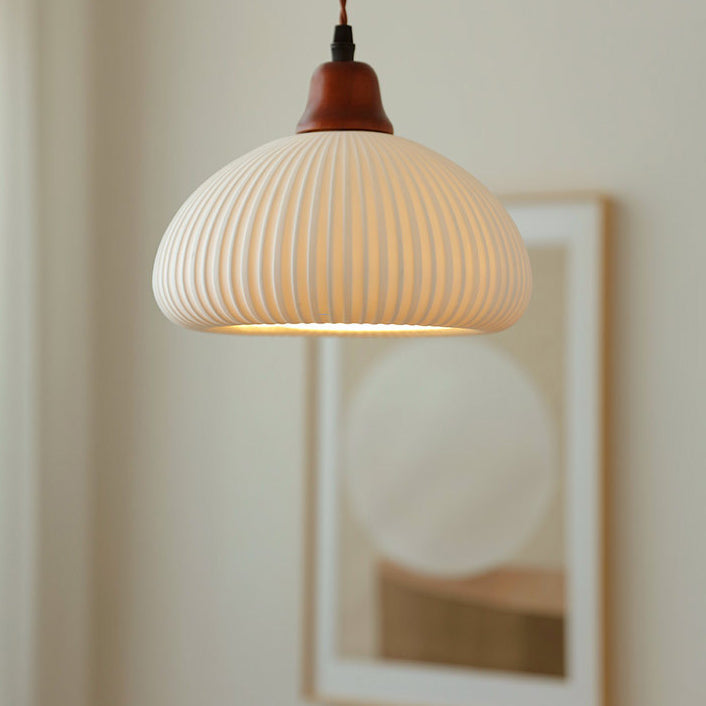 Vintage Japanese Ceramic Round Dome Pendant Light with Pleated Design and Wooden Accents