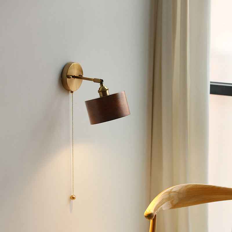 Modern Scandinavian Round Cone Dome Copper and Wood 1-Light Wall Sconce for Bedroom