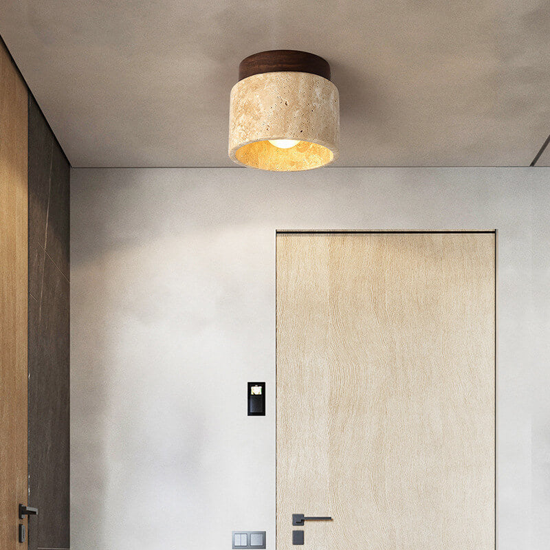 Classic Vintage Round Travertine 1-Light Flush Mount Ceiling Fixture for Hallways