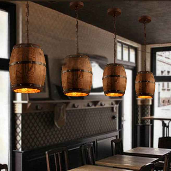 Rustic Round Wooden Wine Barrel Pendant Light - 1-Light Fixture for Dining Room