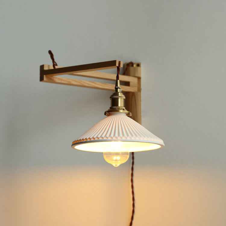 Nordic White Striped Glass Wall Sconce Lamp with Walnut Retractable Design - 1 Light