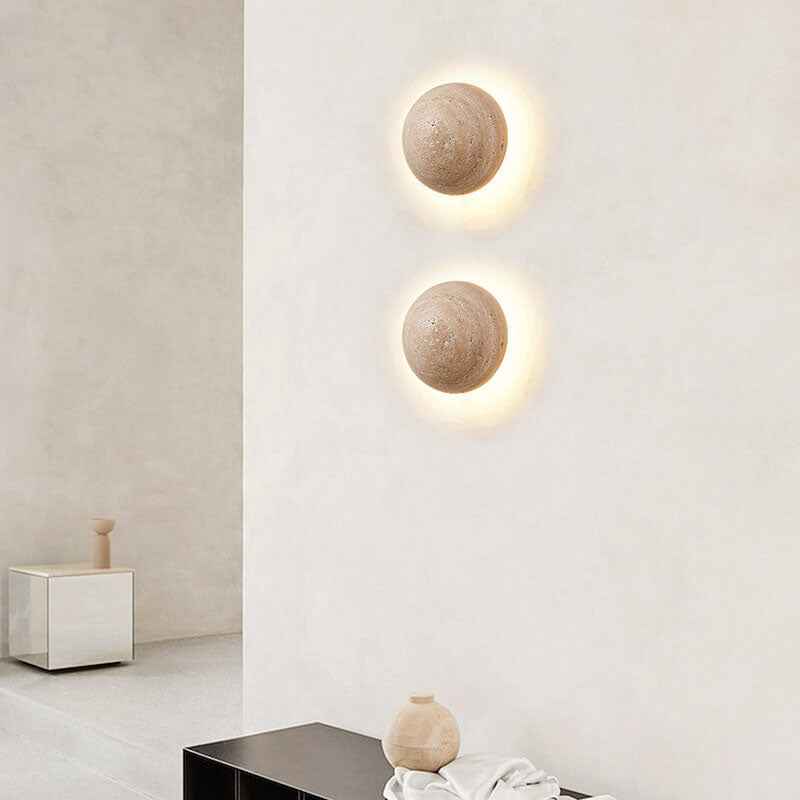 Minimalist Japanese Round Yellow Travertine Wabi-Sabi LED Wall Sconce