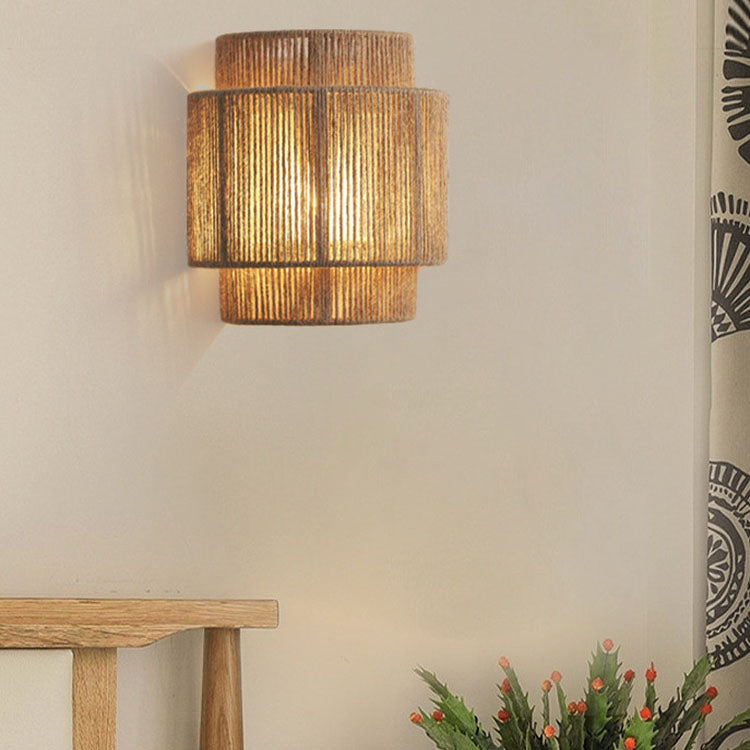 Curved 1-Light Wall Sconce Lamp with Traditional Japanese Rope Weaving for Living Room