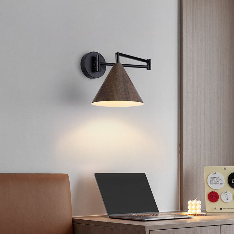 Nordic Minimalist Cone Swing Arm Wall Sconce - Wood Grain Iron, 1-Light