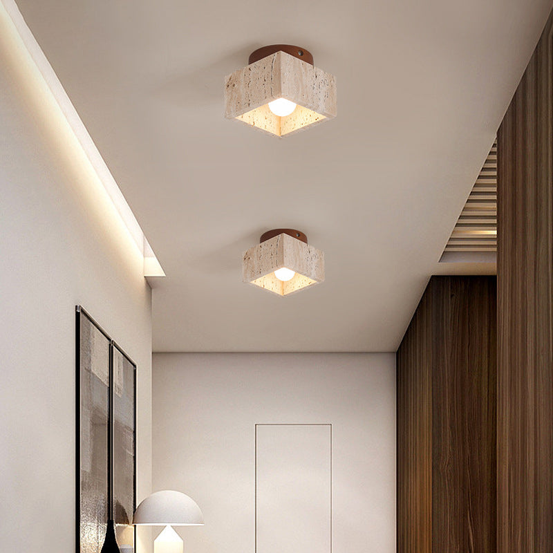 Japanese Wabi-Sabi Yellow Travertine Wood Column 1-Light Semi-Flush Ceiling Fixture