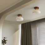 Artistic Vintage Walnut and Brass Round Semi-Flush Mount Ceiling Light with One Bulb