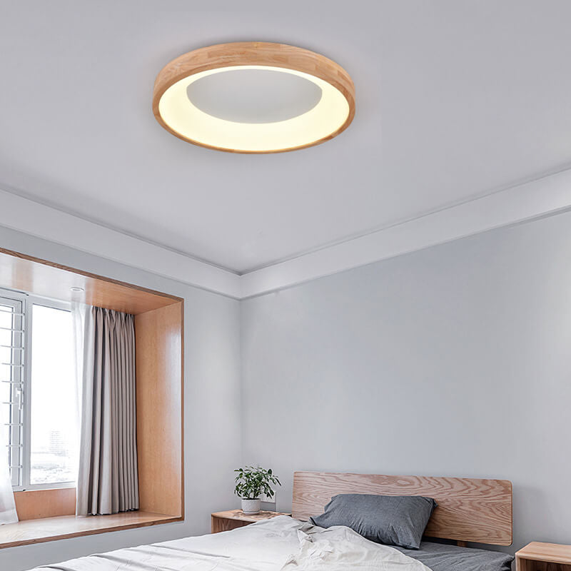 Round LED Flush Mount Ceiling Light in Nordic Minimalist Log Wood Design