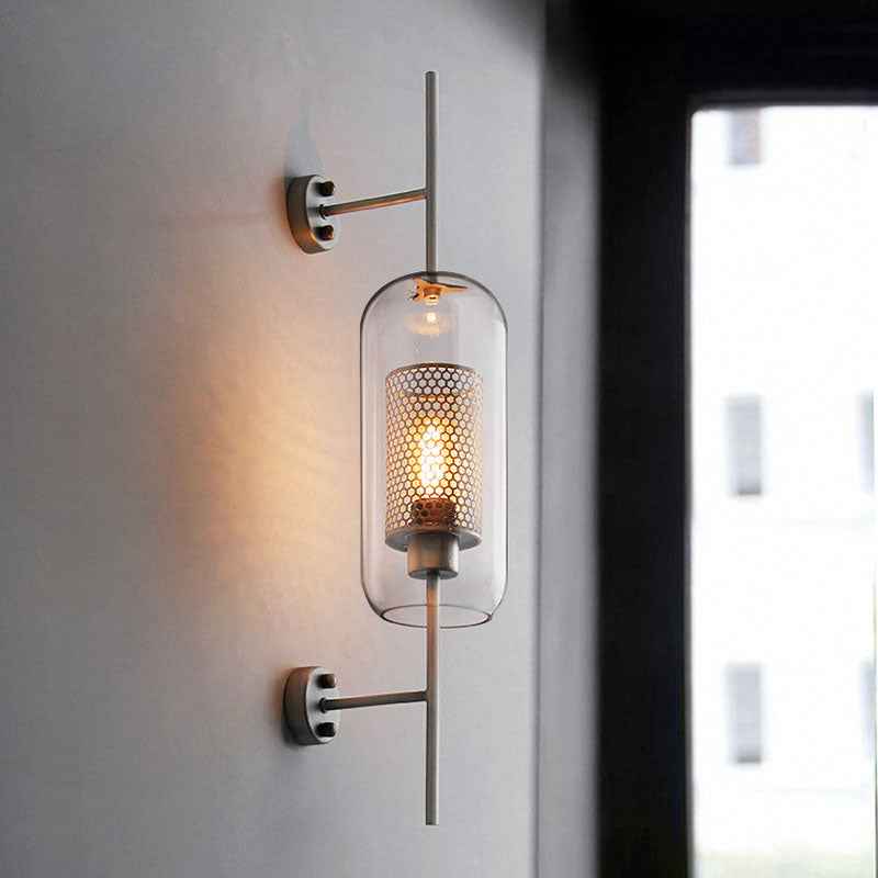 Modern Industrial Cylinder Glass Shade Wall Sconce Lamp with Iron Finish Frame - 1-Light Design for Bedroom