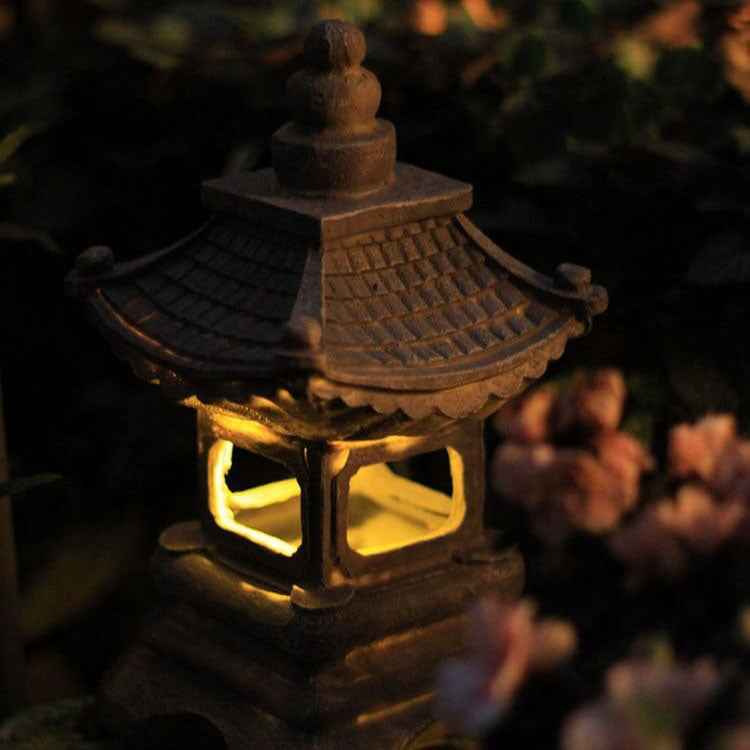 Japanese Zen Solar-Powered Waterproof Pagoda Stone LED Garden Light for Outdoor Decor