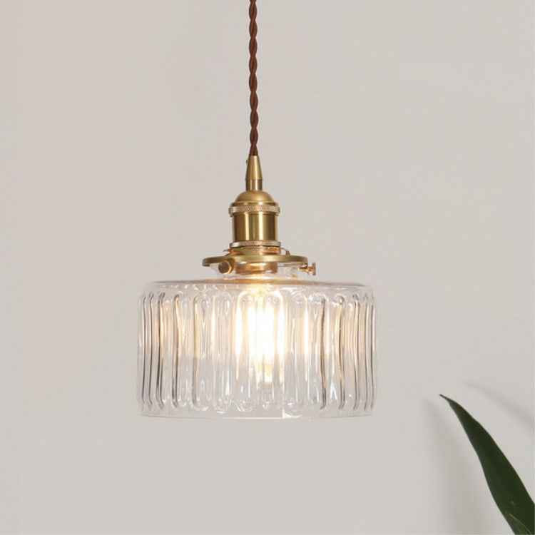 Vintage Japanese Brass and Glass Round Pendant Light with One Bulb
