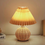 Modern Nordic Rattan Fabric Pleated Conical LED Table Lamp for Bedroom