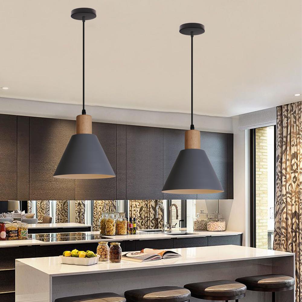Nordic Vintage Iron Cone Pendant Light with Wooden Top - 1-Light Design