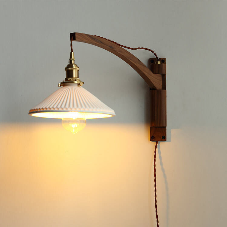 Nordic White Striped Glass Wall Sconce Lamp with Walnut Retractable Design - 1 Light