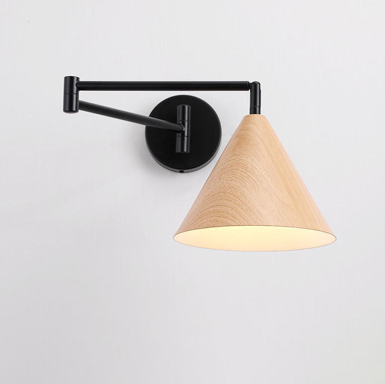 Nordic Minimalist Cone Swing Arm Wall Sconce - Wood Grain Iron, 1-Light