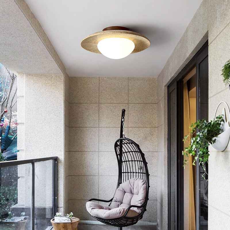 Classic Vintage Round Travertine 1-Light Flush Mount Ceiling Fixture for Hallways